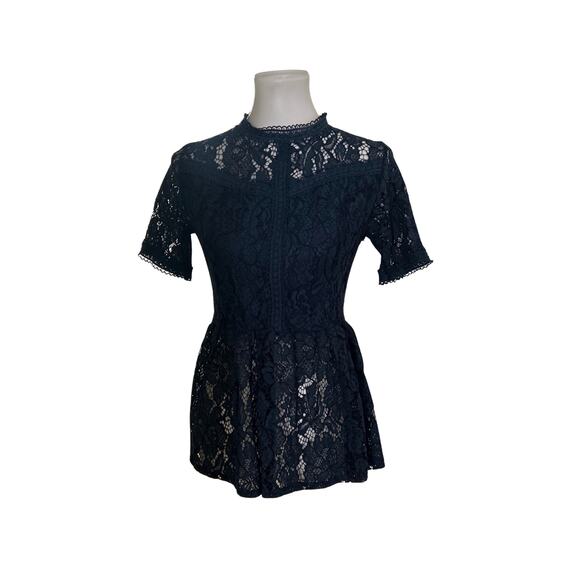 Navy Lace Peplum Top – Sheer Short Sleeve Blouse with Lined Bust & Back Zip - Picture 3 of 6